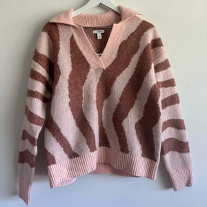 Nine West Polo V-Neck Collar Mauve Zebra Print Sweater Size Small NWT